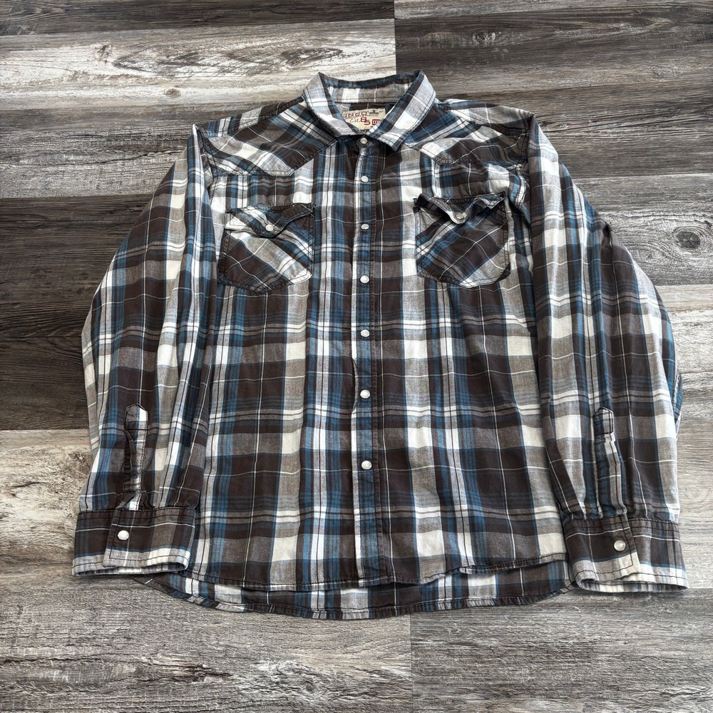 JNCO Blue Black White Mens XL Plaid Retro Skater Pearl Snap Closure Shirt
